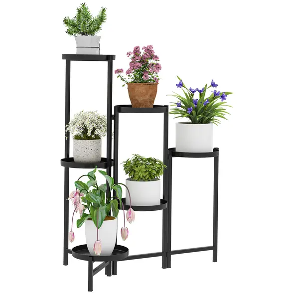 Outsunny 3 Tier Plant Stand Indoor Outdoor, Foldable Corner Plant Stands for Multiple Plants, Metal Round Flower Pot Holder for Patio Garden Balcony Living Room, Black - 1