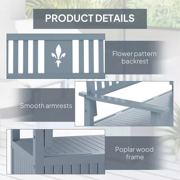 Outsunny Two-Seater Wooden Storage Bench - Grey - 6