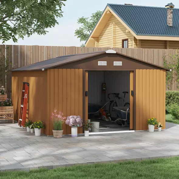 Outsunny 13 x 11ft Metal Garden Shed, Outdoor Storage Tool House with Ventilation Slots, Foundation Kit and Lockable Double Doors, Light Brown - 2