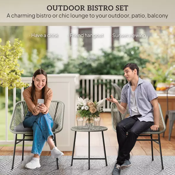 Outsunny 3 Pieces Rattan Bistro Set, Wicker Small Garden Table and Chairs Set with Cushions and Glass Top Coffee Table, Bistro Garden Furniture Set for Outdoor, Patio, Balcony, Light Grey - 4