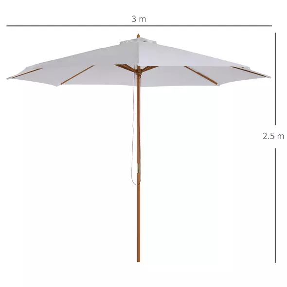 Outsunny 3(m) Garden Parasol, Pulley Operated Patio Umbrella, Wooden Table Market Umbrella with Rope Pulley Mechanism and 8 Ribs, Cream White - 3