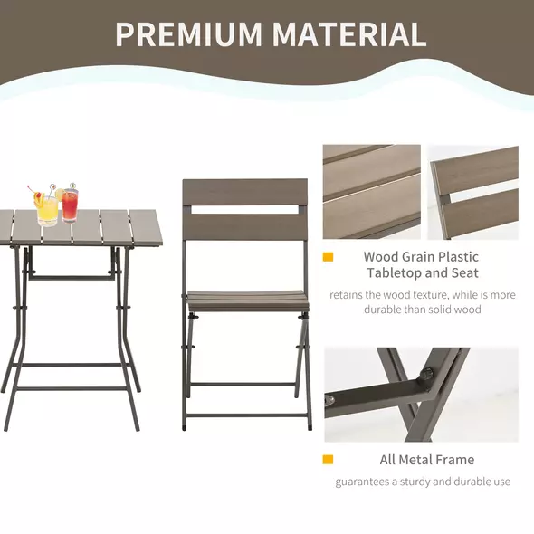 Outsunny 3 Piece Foldable Garden Bistro Set Patio Furniture Set with Table and 2 Chairs for Conservatory Balcony Terrace, Grey - 6