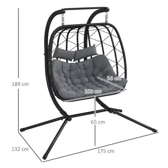 Outsunny Two-Seater Steel Frame Hanging Egg Chair - Black - 3