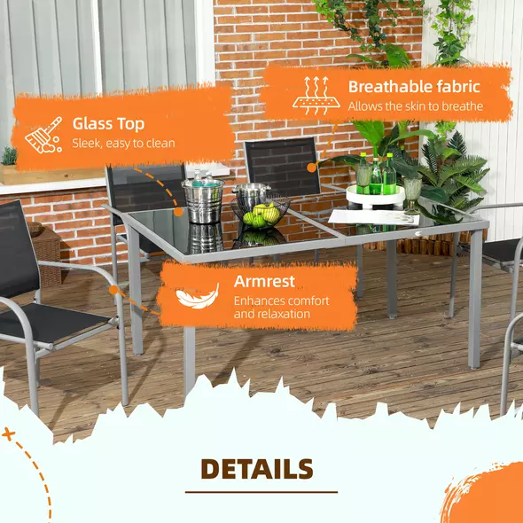 Outsunny 7 Piece Outdoor Garden Dining Set with Table and 6 Stackable Chairs, Steel Frame, Tempered Glass Top, Mesh Seats, Black - 6