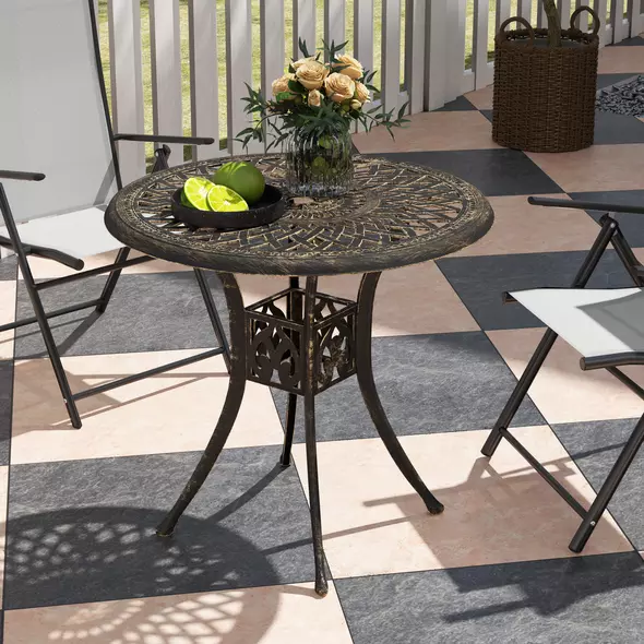 Outsunny 78 cm Round Garden Dining Table with Parasol Hole Antique Cast Aluminium Outdoor Table Only, Bronze Tone - 7