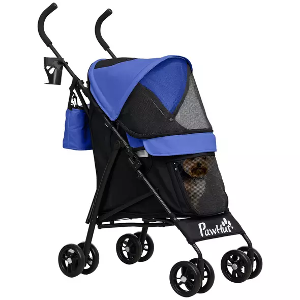 PawHut Foldable Dog Stroller, Lightweight Dog Pram w/ Shoulder Strap, Storage Bag, Cup Holder, Dark Blue - 1
