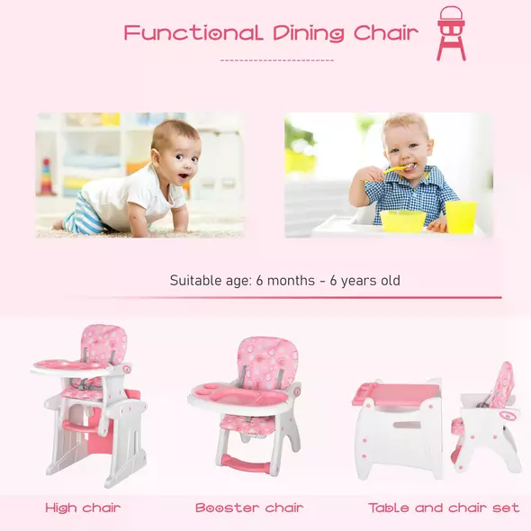 HOMCOM HDPE 3-in-1 Baby Booster High Chair Pink - 4