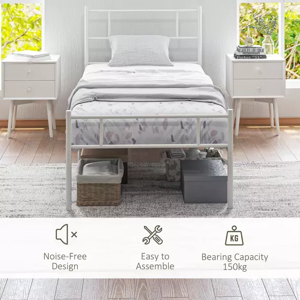 HOMCOM Single Bed Frame, Metal Bed Base with Headboard and Footboard, Metal Slat Support and 31cm Underbed Storage Space - 5