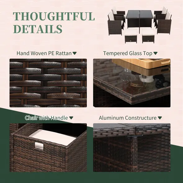 Outsunny 8 Seater Rattan Cube Garden Furniture Set, Rattan Dining Set with Cushions, Outdoor Dining Table and Chairs with 4 Armchairs, 4 Stools, Square Glass Top Table for Patio, Balcony, Brown - 5