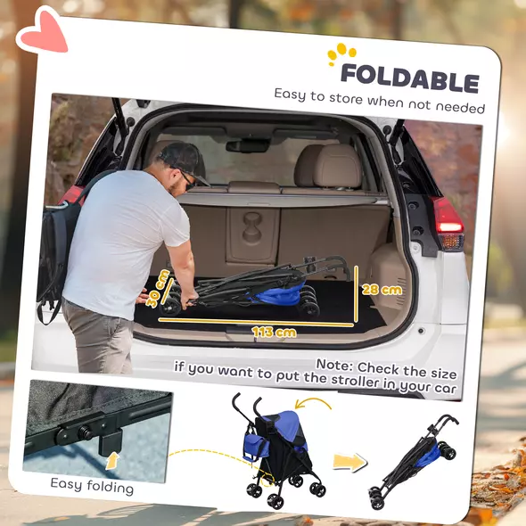 PawHut Foldable Dog Stroller, Lightweight Dog Pram w/ Shoulder Strap, Storage Bag, Cup Holder, Dark Blue - 6