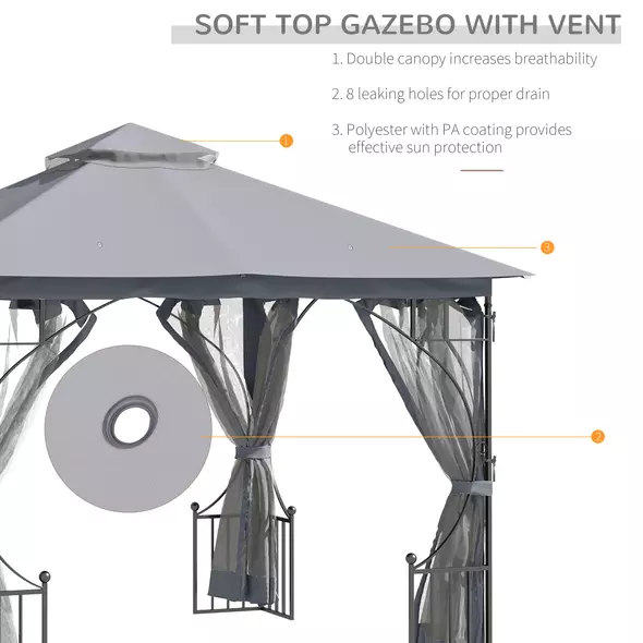 Outsunny 3 x 3(m) Garden Gazebo Patio Party Tent Shelter Outdoor Canopy Double Tier Sun Shade Metal Frame Netting, Light Grey - 4