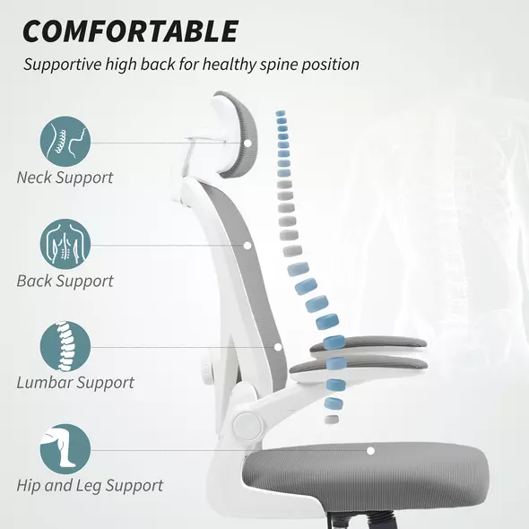 HOMCOM Executive Office Chair, Ergonomic Mesh High Back Desk Chair with Flip-up Armrest, Rotatable Headrest, Adjustable Lumbar Support for Home Study, Grey - 4