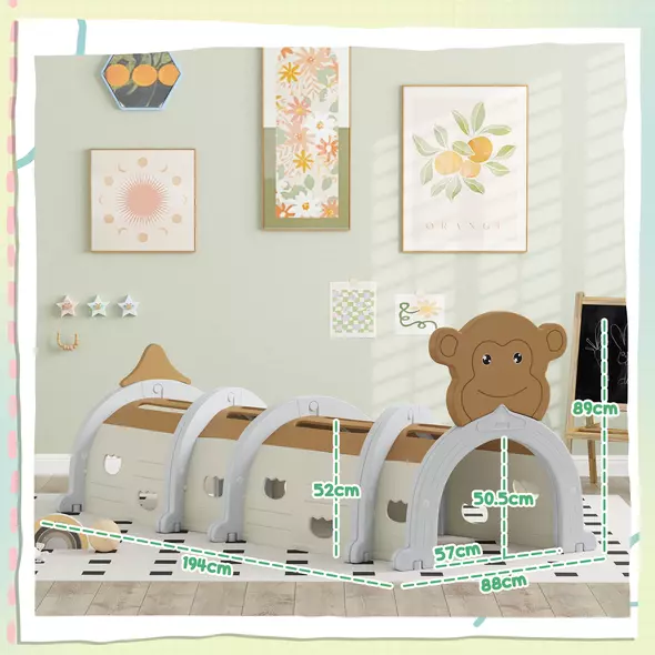 AIYAPLAY Monkey-Design Kids Play Tunnel for Crawling, Climbing, for ages 3-6 Years, Brown - 3