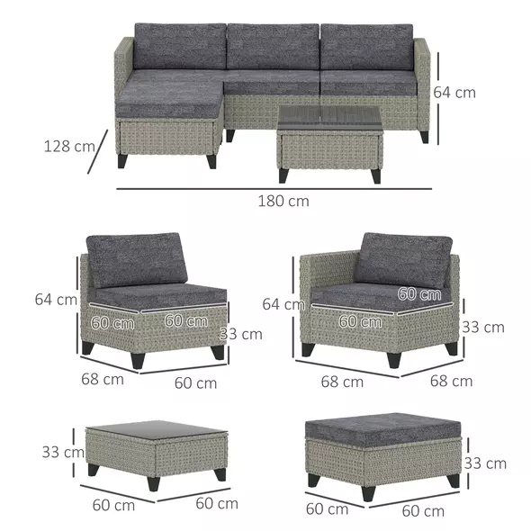 Outsunny 5-Piece Rattan Patio Furniture Set with Corner Sofa, Footstools, Coffee Table, for Poolside, Dark Grey - 3