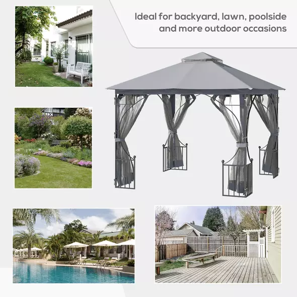 Outsunny 3 x 3(m) Garden Gazebo Patio Party Tent Shelter Outdoor Canopy Double Tier Sun Shade Metal Frame Netting, Light Grey - 7