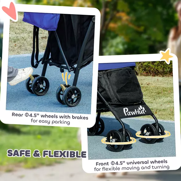 PawHut Foldable Dog Stroller, Lightweight Dog Pram w/ Shoulder Strap, Storage Bag, Cup Holder, Dark Blue - 8