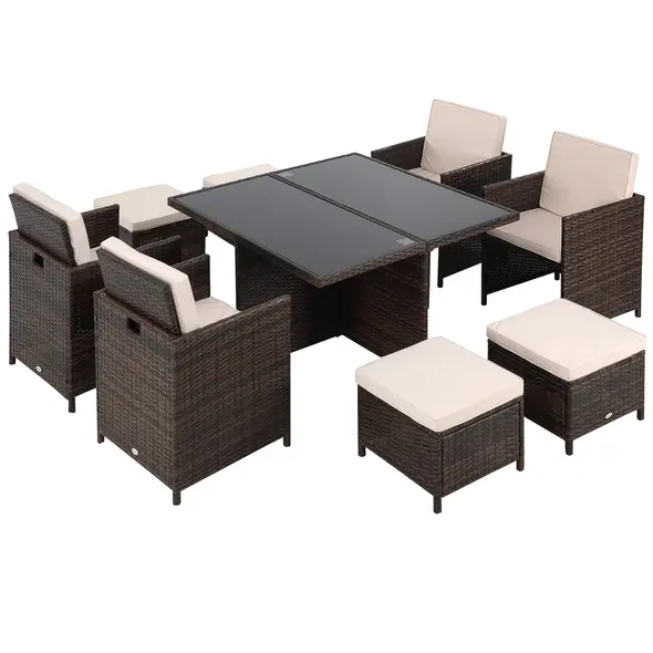 Outsunny 8 Seater Rattan Cube Garden Furniture Set, Rattan Dining Set with Cushions, Outdoor Dining Table and Chairs with 4 Armchairs, 4 Stools, Square Glass Top Table for Patio, Balcony, Brown - 1
