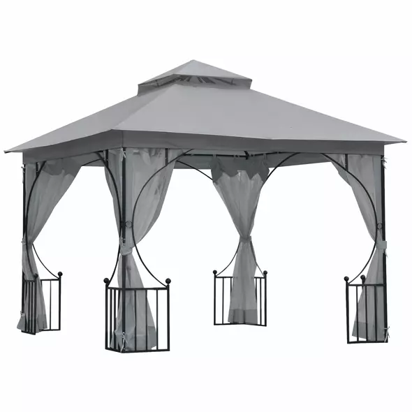 Outsunny 3 x 3(m) Garden Gazebo Patio Party Tent Shelter Outdoor Canopy Double Tier Sun Shade Metal Frame Netting, Light Grey - 1