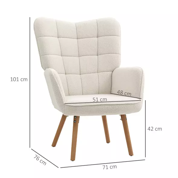 HOMCOM Modern Accent Chair, Upholstered Tufted Wingback Armchair with Seat Padding, Teddy Fleece Leisure Lounge Bedroom Chair with Wood Legs, Cream White - 3