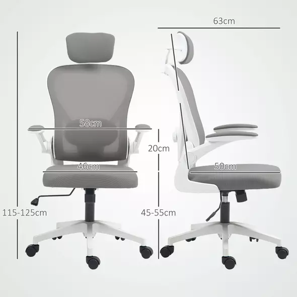 HOMCOM Executive Office Chair, Ergonomic Mesh High Back Desk Chair with Flip-up Armrest, Rotatable Headrest, Adjustable Lumbar Support for Home Study, Grey - 3