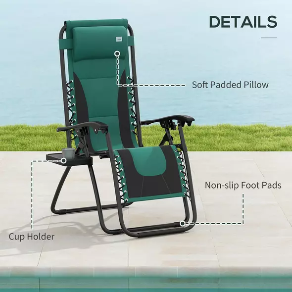 Outsunny Zero Gravity Lounger Chair, Folding Reclining Patio Chair with Padded Seat, Cup Holder, Soft Cushion and Headrest for Poolside, Camping, Green - 7