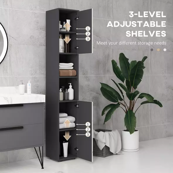 kleankin Line Embossed Tall Bathroom Storage Cabinet with Three-position Adjustable Shelves for Minimalist Style - Grey - 5