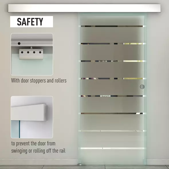 HOMCOM 90cm Sliding Glass Door with Hardware Track Kit, Frosted Tempered Glass with Stripe Pattern, Round Handle - 4