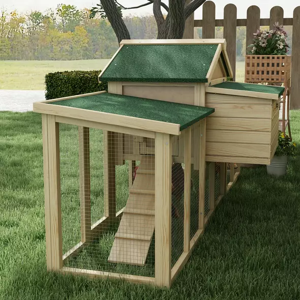 PawHut Large Chicken Coop, Wooden Garden Hen House, Poultry Coops Cages with Run, Nesting Box, Natural Wood Finish - 9