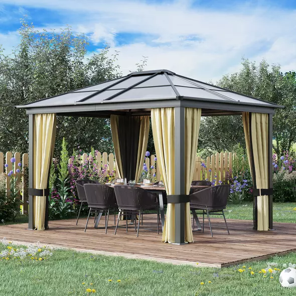 Outsunny 3 x 3.6(m) Hardtop Gazebo Canopy with Polycarbonate Roof and Aluminium Frame, Garden Pavilion with Mosquito Netting and Curtains, Brown - 2