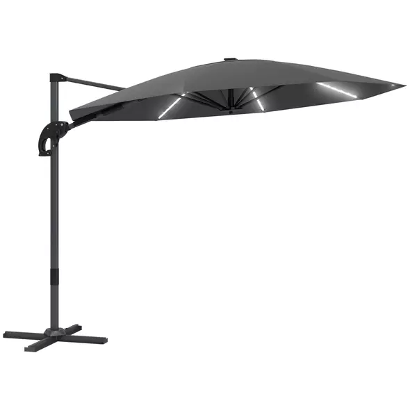 Outsunny 3(m) Cantilever Garden Parasol with Solar Powered Lights, Crank Handle & Cross Base, UPF 50+, 360° Rotation, Dark Grey - 1