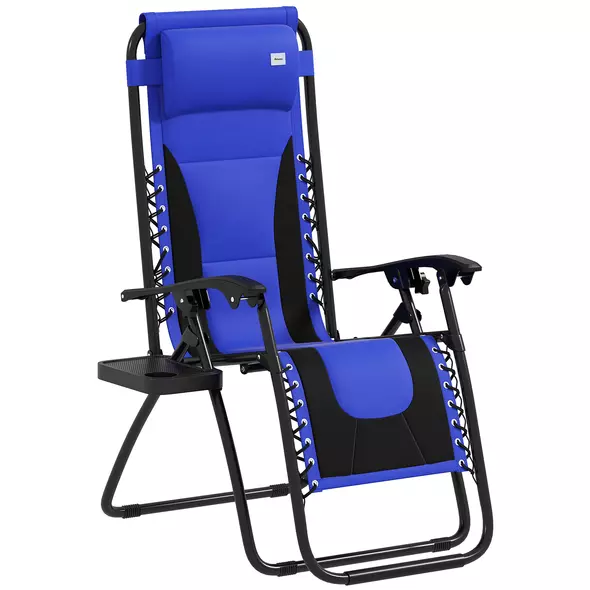 Outsunny Zero Gravity Lounger Chair, Folding Reclining Patio Chair with Padded Seat, Cup Holder, Soft Cushion and Headrest for Poolside, Camping, Blue - 1