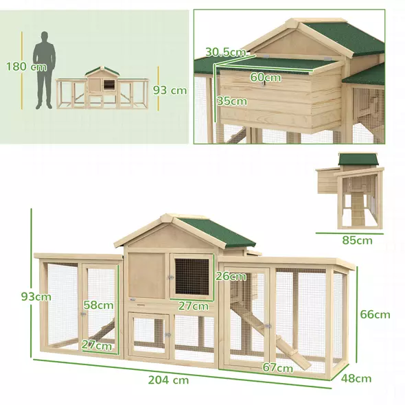 PawHut Large Chicken Coop, Wooden Garden Hen House, Poultry Coops Cages with Run, Nesting Box, Natural Wood Finish - 3