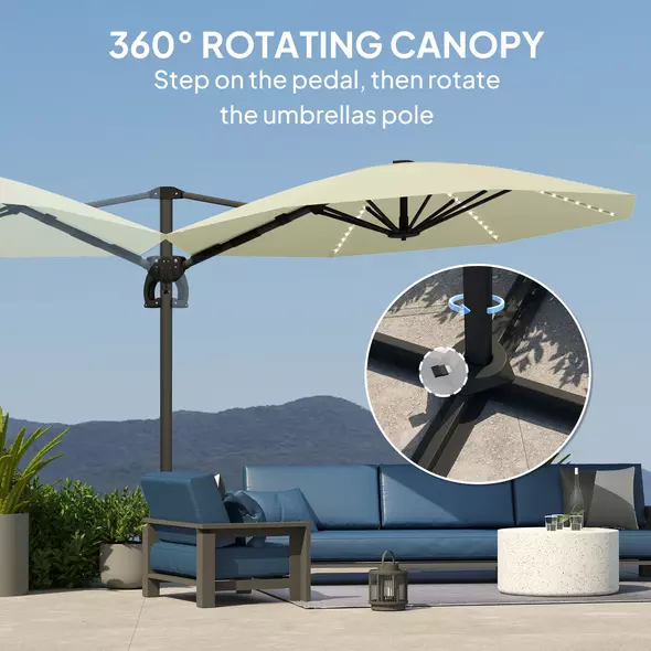 Outsunny 3(m) Cantilever Garden Parasol with Solar Powered Lights, Crank Handle & Cross Base, UPF 50+, 360° Rotation, Cream - 4