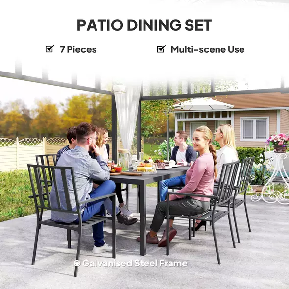 Outsunny Seven-Piece Minimal Metal Garden Dining Set, with Parasol Hole - Black - 6
