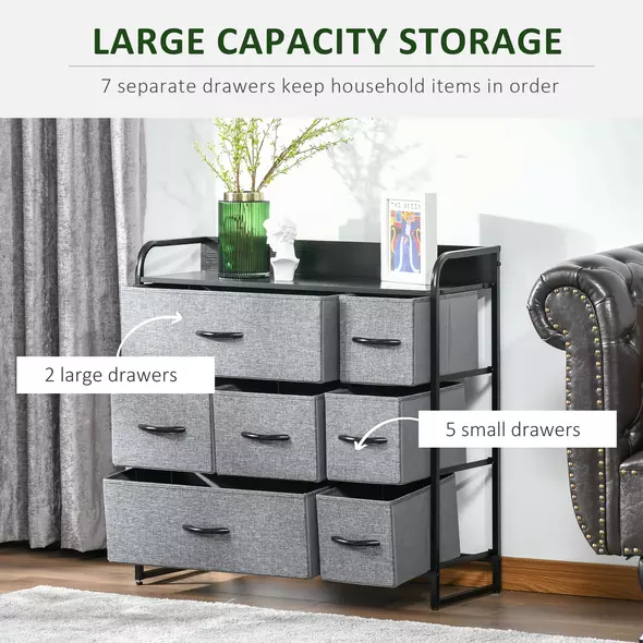 HOMCOM Chest of Drawers with 7 Foldable Drawers, 3-Tier Fabric Bedroom Dresser, Clothes Storage Unit for Bedroom, Living Room, Grey - 6