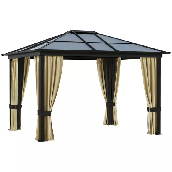 Outsunny 3 x 3.6(m) Hardtop Gazebo Canopy with Polycarbonate Roof and Aluminium Frame, Garden Pavilion with Mosquito Netting and Curtains, Brown - 1