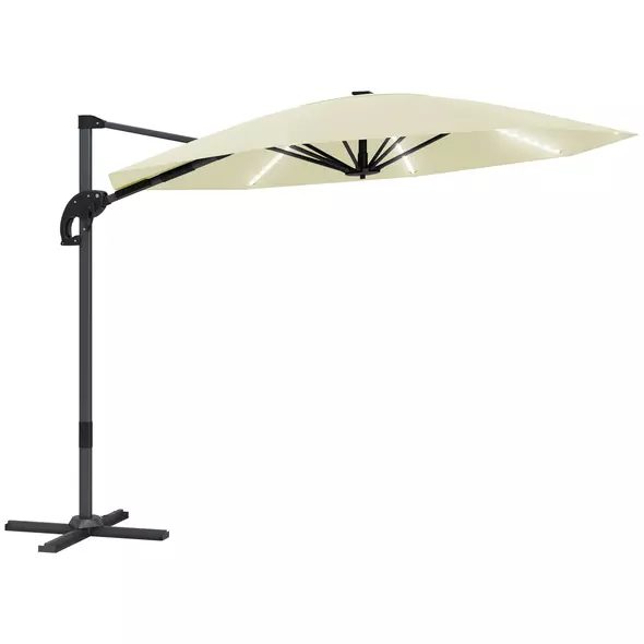 Outsunny 3(m) Cantilever Garden Parasol with Solar Powered Lights, Crank Handle & Cross Base, UPF 50+, 360° Rotation, Cream - 1