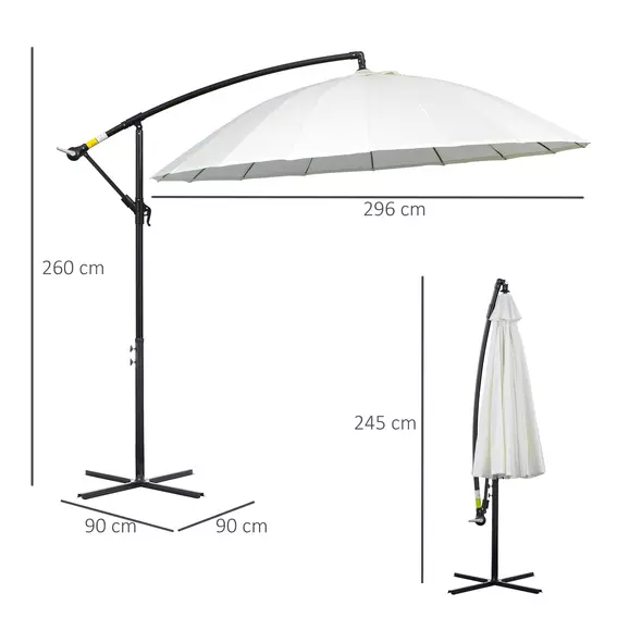 Outsunny 3(m) Cantilever Umbrella 18 Ribs & Vents Adjustable Angle for Patio Cream White - 3