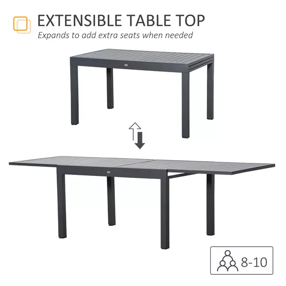 Outsunny Extendable Garden Table 135-270cm x 90cm x 75cm, 10 Seater Outdoor Dining Table with Aluminium Frame for Lawn, Balcony and Backyard, Grey - 4
