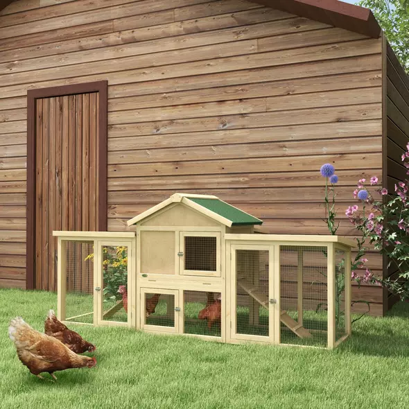 PawHut Large Chicken Coop, Wooden Garden Hen House, Poultry Coops Cages with Run, Nesting Box, Natural Wood Finish - 2