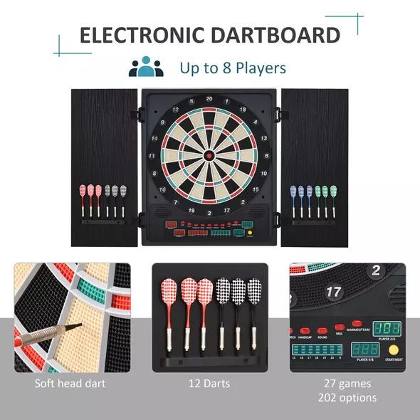 HOMCOM Electronic Dartboard Set, 27 Games Modes and 202 Variations, LED & 12 Soft Tip Darts and Cabinet to Storage, Ready-to-Play Multi-Game Option Darts Machine - 4