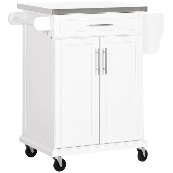 HOMCOM Wooden Kitchen Island on Wheels, Serving Cart Storage Trolley with Stainless Steel Top, Drawer, Side Handle and Rack, White - 1