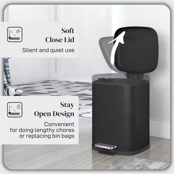 HOMCOM 12L Modern Boxy Metal Home Kitchen Bin - Black - 5