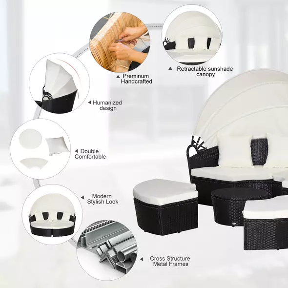 Outsunny Five-Piece Rattan Garden Bed, with Canopy - Black/White - 5