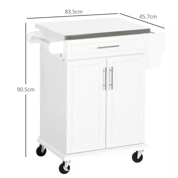 HOMCOM Wooden Kitchen Island on Wheels, Serving Cart Storage Trolley with Stainless Steel Top, Drawer, Side Handle and Rack, White - 3