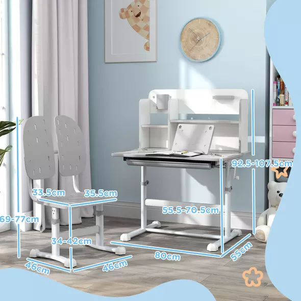 AIYAPLAY Height Adjustable Kids Desk and Chair Set, Children School Study Desk with Tiltable Desktop, Reading Rack, Grey - 3