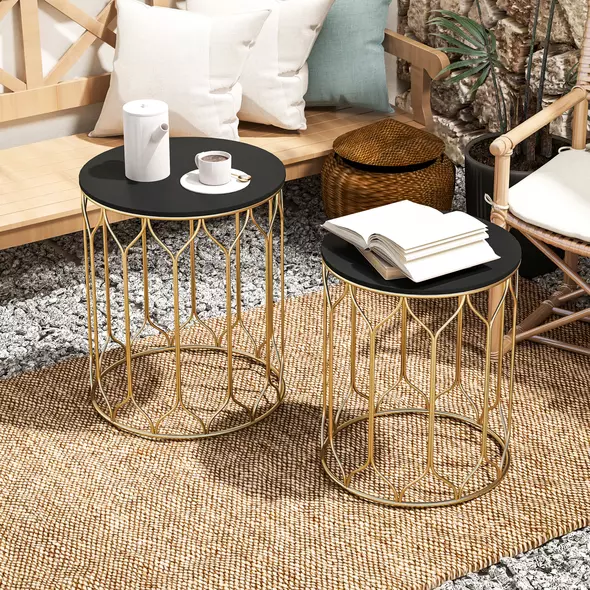 Outsunny Round Coffee Table Set of 2, Modern Nesting Tables with Ceramic Tile Top, Small End Tables, Indoor Outdoor Side Table with Metal Frame for Living Room, Bedroom, Patio, Balcony, Black - 7