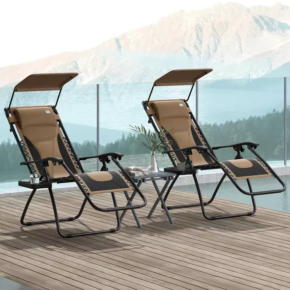 Outsunny Zero Gravity Lounger Chair Set of 2, Folding Reclining Patio Chair with Shade Cover, Cup Holder, Soft Cushion and Headrest for Poolside, Camping, Coffee - 2