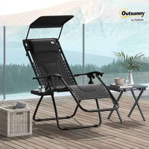 Outsunny Zero Gravity Lounger Chair, Folding Reclining Patio Chair with Shade Cover, Padded Seat, Cup Holder, Soft Cushion and Headrest for Poolside, Camping, Black - 2
