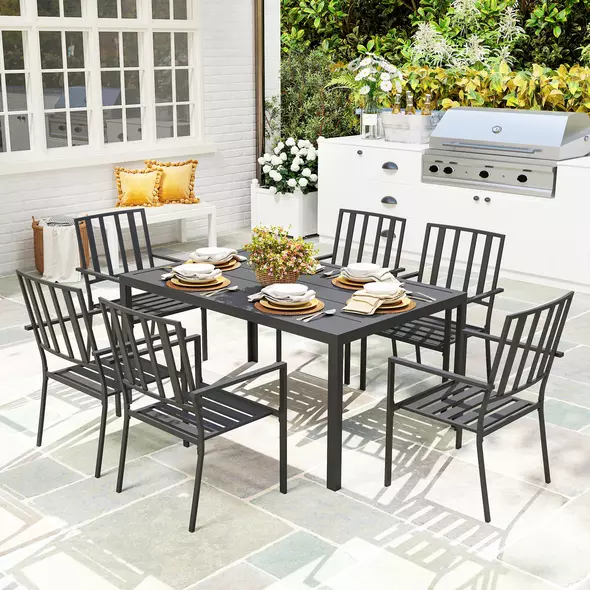 Outsunny Seven-Piece Minimal Metal Garden Dining Set, with Parasol Hole - Black - 2